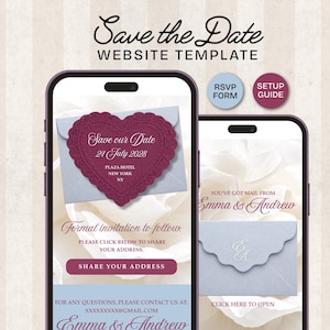 Può includere: Un modello di sito web digitale Save the Date visualizzato su due smartphone. Gli schermi presentano un design in pizzo a forma di cuore bordeaux, buste azzurre e sfondi floreali bianchi con testo tra cui Save the Date, Emma & Andrew.