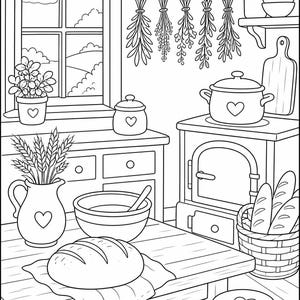 May include: A black and white line art coloring page depicting a rustic kitchen scene with a wooden table, a loaf of bread, a mixing bowl, a stove, a window with a landscape view, hanging dried herbs, a basket of bread, and a small stool.