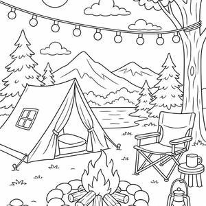 May include: A black and white line art coloring page illustration of a campsite featuring a tent, a campfire surrounded by stones, a folding chair, a small side table with a mug, a lantern, pine trees, mountains, clouds, and string lights.
