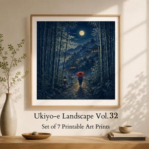 以下が含まれることがあります： Ukiyo-e Landscape Vol. 32 Set of 7 Printable Art Printsと題された額入りアートプリント。満月、竹林の中の石畳の道、赤い傘をさして建物に向かって歩く人物が描かれた夜の風景画です。