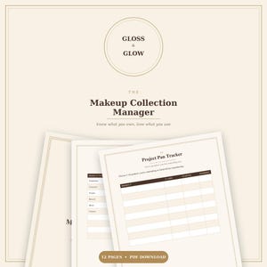 Op de afbeelding: Een digitale planner voor het beheer van make-upcollecties met een crèmekleurige achtergrond en donkerbruine tekst. De pagina's bevatten een tabel voor projecttracking met kolommen voor product, percentage gebruikt, start- en einddatum, 12 pagina's PDF.