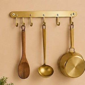 Solid Brass Pot Pan & Spoon Holder Wall Mounted Kitchen Utensil Rack Brass Hanging Organizer Cookware Storage Farmhouse Kitchen Decor
