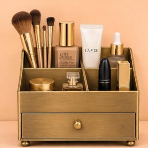 Solid Brass Makeup Organizer with Drawer, Vanity Cosmetic Storage Box (12x7x9 inches)