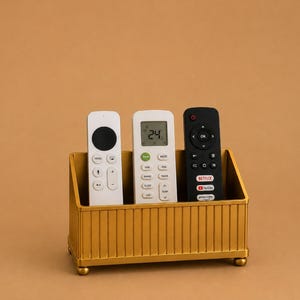 May include: A gold-coloured rectangular storage organiser with vertical ribbed detailing and four small spherical feet. Inside the container are three remote controls: one white streaming remote, one white air conditioner remote, and one black TV remote.