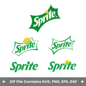 Puede incluir: Una colección de cinco logotipos de Sprite en varios estilos, con el texto verde Sprite y acentos amarillos de limón y lima. La franja inferior muestra el texto: ZIP File Contains SVG, PNG, EPS, DXF. Los logotipos están sobre un fondo blanco.
