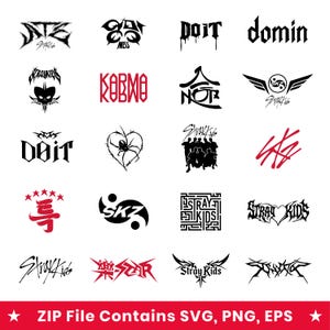 May include: A collection of twenty black and red graphic designs featuring various logos, text, and symbols related to Stray Kids. The images include stylized lettering, a spider in a heart, a maze, and wings. The bottom banner reads ZIP File Contains SVG, PNG, EPS.