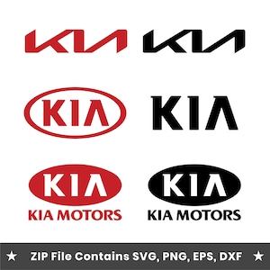 May include: A collection of Kia logos in red and black, including the stylised modern emblem, the classic oval-enclosed text, and the Kia Motors wordmark. The bottom banner indicates the file formats included are SVG, PNG, EPS, and DXF.