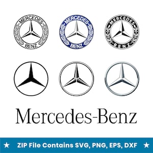Può includere: Una collezione di sei loghi Mercedes-Benz con l'iconica stella a tre punte in vari stili, inclusi design con corona d'alloro e finiture metalliche, con il testo Mercedes-Benz e una barra blu che indica ZIP File Contains SVG, PNG, EPS, DXF.