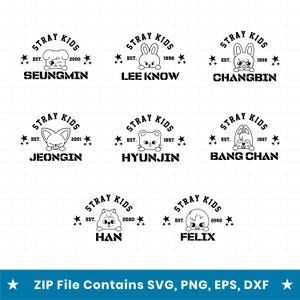 May include: A digital graphic set featuring eight black line art logos of Stray Kids members. Each logo includes a character icon, the text STRAY KIDS, EST. with a year, and the member's name. The bottom banner states ZIP File Contains SVG, PNG, EPS, DXF.