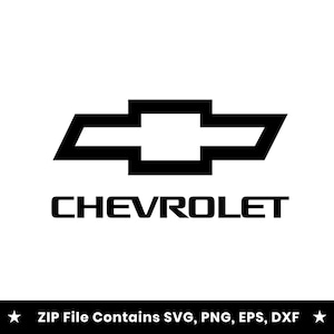 Könnte beinhalten: Ein schwarzes Chevrolet-Logo mit dem ikonischen Fliegen-Emblem, zentriert über dem Wort CHEVROLET in einer fetten serifenlosen Schrift. Unter der Hauptgrafik befindet sich ein schwarzes Banner mit dem weißen Text: ZIP File Contains SVG, PNG, EPS, DXF.