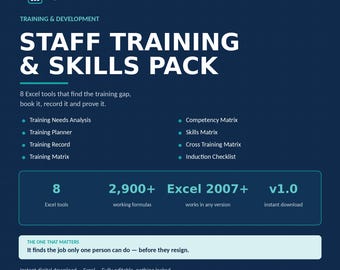 May include: A dark blue digital document titled Staff Training & Skills Pack by OpsBlueprint. It lists eight Excel tools including Training Needs Analysis, Planner, Record, Matrix, Competency Matrix, Skills Matrix, Cross Training Matrix, and Induction Checklist.