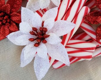 Small White and Red Center Glitter Poinsettia Hair Clip
