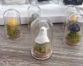 Tiny ghosties and mushroom terrariums, ghost terrarium, mushroom decor, cottagecore decor room, tiny mushroom terrarium, pet ghost