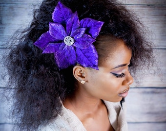 Pinzas para el cabello grandes de terciopelo azul y flor de Pascua con purpurina plateada, accesorios navideños de PuffyCheeksllc