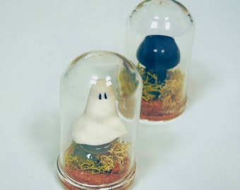 Tiny ghosties and mushroom terrariums, ghost terrarium, mushroom decor, cottagecore decor room, tiny mushroom terrarium, pet ghost