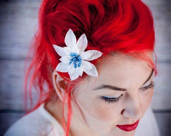 Small White and Blue Center Glitter Poinsettia Hair Clips