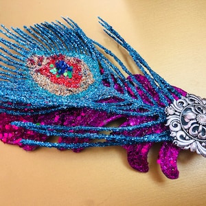 Holiday peacock feather hair piece clip or comb