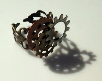 SteamPunk Gears antique adjustable ring by PuffyCheeks