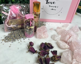 Love Spell Box Set: Essential Oil, Rose Quartz Crystal, Sleeping Satchel