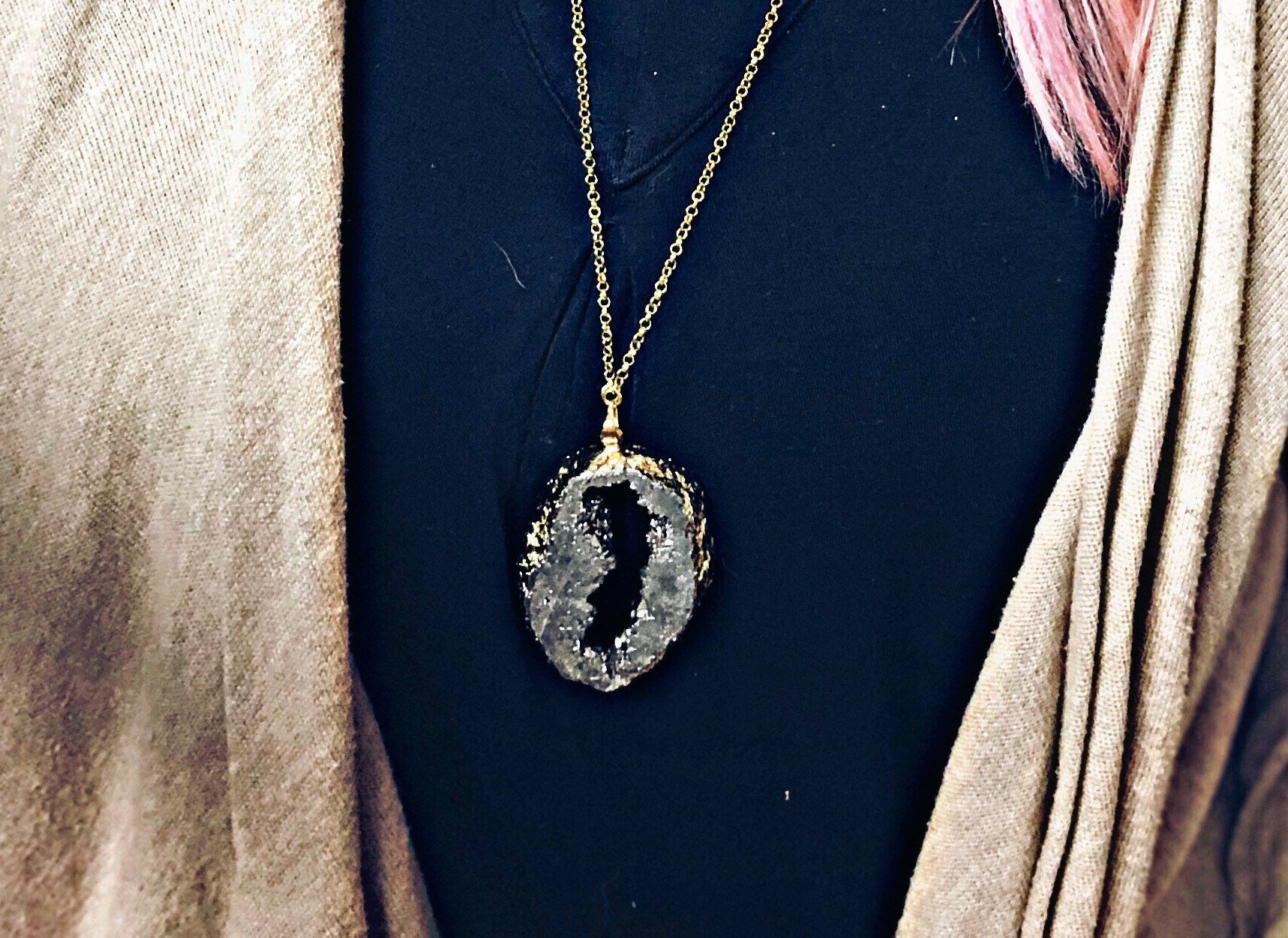 アクセサリー (eL+1] Stone Long Necklace Long Genuine Stone Gold Edged Chain Necklace / Crystal