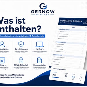 May include: A digital infographic for Gernow Digital featuring an IT onboarding checklist. It displays categories like user accounts, permissions, hardware, software, security, and documentation, alongside a progress summary showing 75% completion.