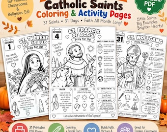 May include: A set of printable PDF colouring and activity pages featuring Catholic saints for October. The pages include illustrations of St. Thérèse of Lisieux, St. Francis of Assisi, and St. Wolfgang, with prayers, facts, and activities for each.