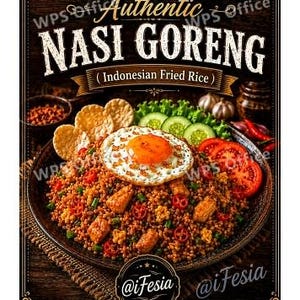 May include: A poster featuring a bowl of Nasi Goreng topped with a fried egg, sliced tomatoes, cucumber, and crackers. The text reads: INDONESIA RECIPE Authentic NASI GORENG (Indonesian Fried Rice) and @iFesia. The background is dark wood.