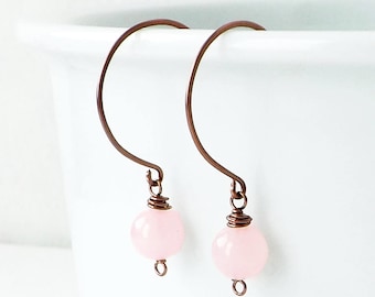 Pink Rose Quartz Earrings, Dangle Earrings, Long Dangles, Sundance Style, Gemstone Earrings, Minimalist, Boho Jewelry, Copper, Wire Wrapped