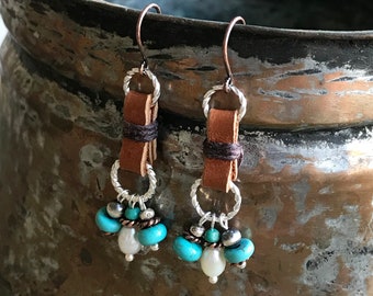 Pearl Turquoise Dangle Earrings, Southwest Leather Dangles, Hill Tribe Mixed Metal Earrings, Navajo Pearl Boho Cowgirl Jewelry, Gift, E31