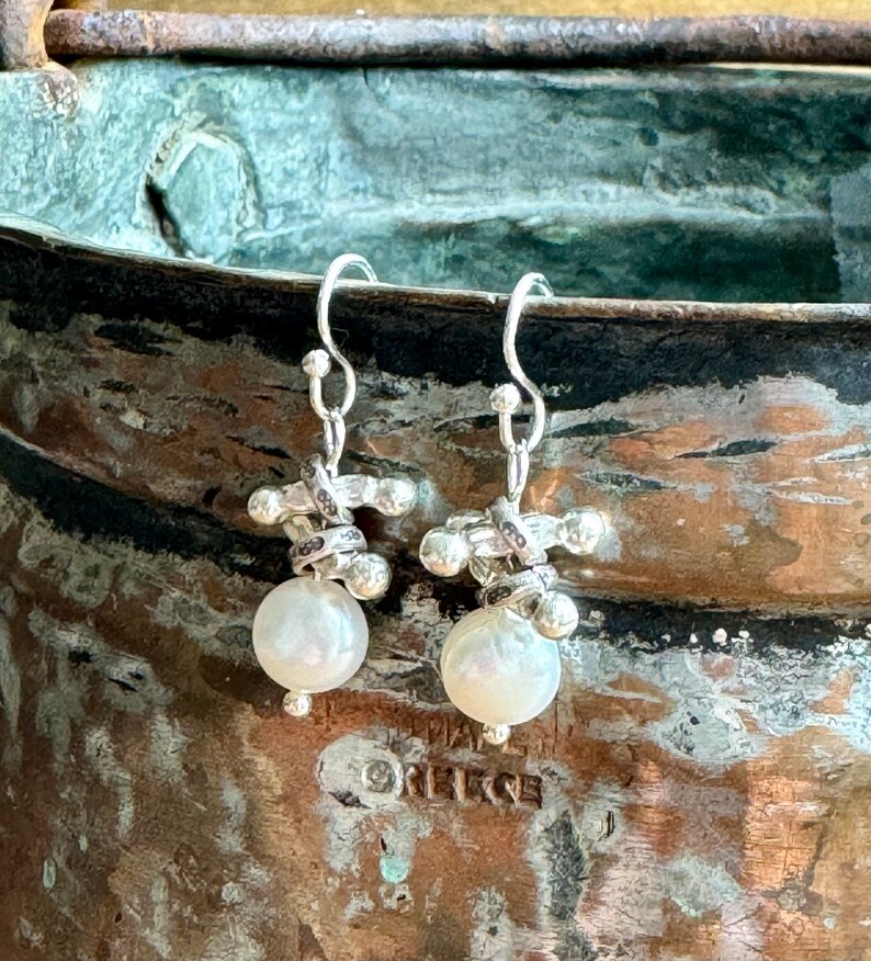 Pearl Silver Earrings, Pearl Dangle Earrings, Sundance Style Pearl Earrings, Karen Hill Tribe Silver Earrings, Pearl Silver Dangles, E36 image 8