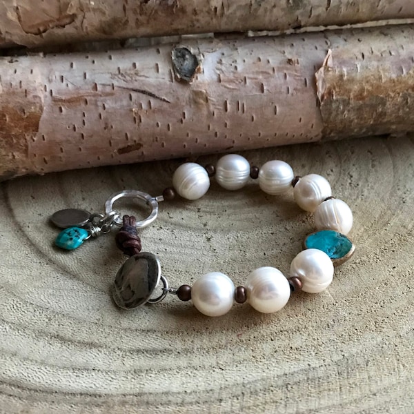 Pearl Leather Bracelet, Turquoise Sundance Style Bracelet, Southwest Karen Hill Tribe Silver Bracelet, Western Stacking Bracelet, B3