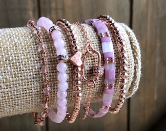 Rose Gold Bracelet Stack, Rose Quartz Minimalist Stacking Bracelets, Pink Sundance Style Tila Beaded Stretch Bracelets, Carabiner, B16