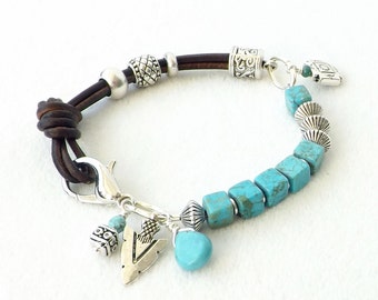 Leather Turquoise Cube Bracelet, Silver Southwestern Jewelry, Sundance Style Cowgirl Stacking Western Bracelet, Gift, B38