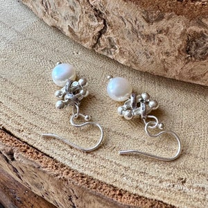 Pearl Silver Earrings, Pearl Dangle Earrings, Sundance Style Pearl Earrings, Karen Hill Tribe Silver Earrings, Pearl Silver Dangles, E36 image 10