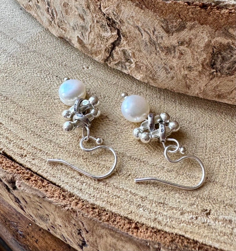 Pearl Silver Earrings, Pearl Dangle Earrings, Sundance Style Pearl Earrings, Karen Hill Tribe Silver Earrings, Pearl Silver Dangles, E36 image 10