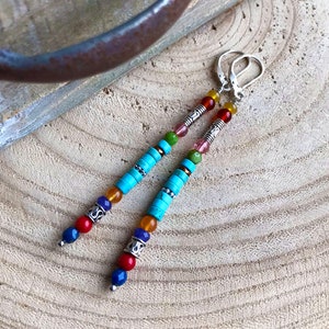 Long Turquoise Stick Dangle Earrings, Multi Gemstone Southwest Silver Leverback Earrings, Colorful Sundance Style Western Boho Dangles, E29 image 2