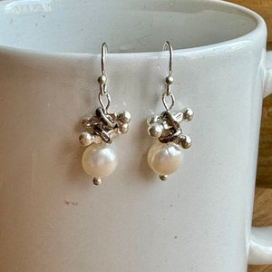 Pearl Silver Earrings, Pearl Dangle Earrings, Sundance Style Pearl Earrings, Karen Hill Tribe Silver Earrings, Pearl Silver Dangles, E36 image 5