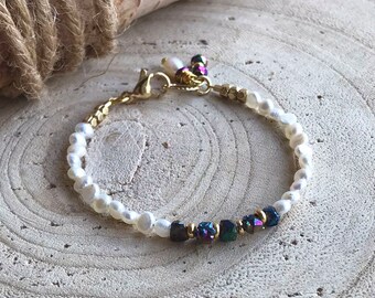 Pearl Gold Bracelet, Pyrite Nugget Bracelet, Sundance Style Bracelet, Thin Feminine Stacking Bracelet, Everyday Jewelry, Gift, B62