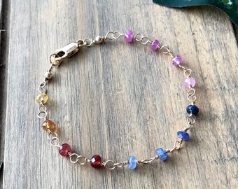 Sapphire Ombre Bracelet, Colorful Stacking Gemstone Bracelet, Sundance Style September Birthstone Gold Filled Jewelry, Mothers Day Gift, B9