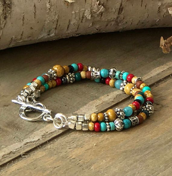 Silver Multi-Strand Beaded Bracelet with Turquoise Accents Sterling Silver Triple Strand Bracelet with Faceted  main image 3
