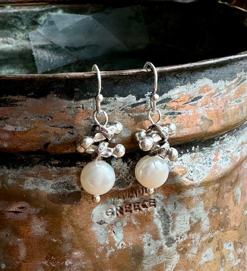 Pearl Silver Earrings, Pearl Dangle Earrings, Sundance Style Pearl Earrings, Karen Hill Tribe Silver Earrings, Pearl Silver Dangles, E36 image 2