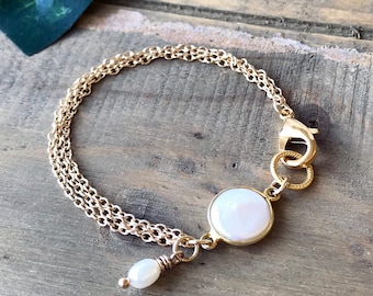 Pearl Coin Multi Strand Minimalist Bracelet, Gold Filled Chain Stacking Bracelet, Dainty June Birthstone Bezel Set Bracelet, B26