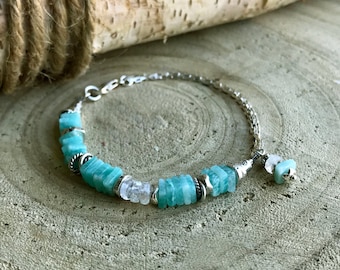 Aqua Sterling Silver Bracelet, Sundance Style Square Gemstones Stacking Bracelet, Karen Hill Tribe, Paper Clip Chain, B28