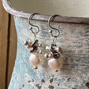 Pearl Silver Earrings, Pearl Dangle Earrings, Sundance Style Pearl Earrings, Karen Hill Tribe Silver Earrings, Pearl Silver Dangles, E36 image 7