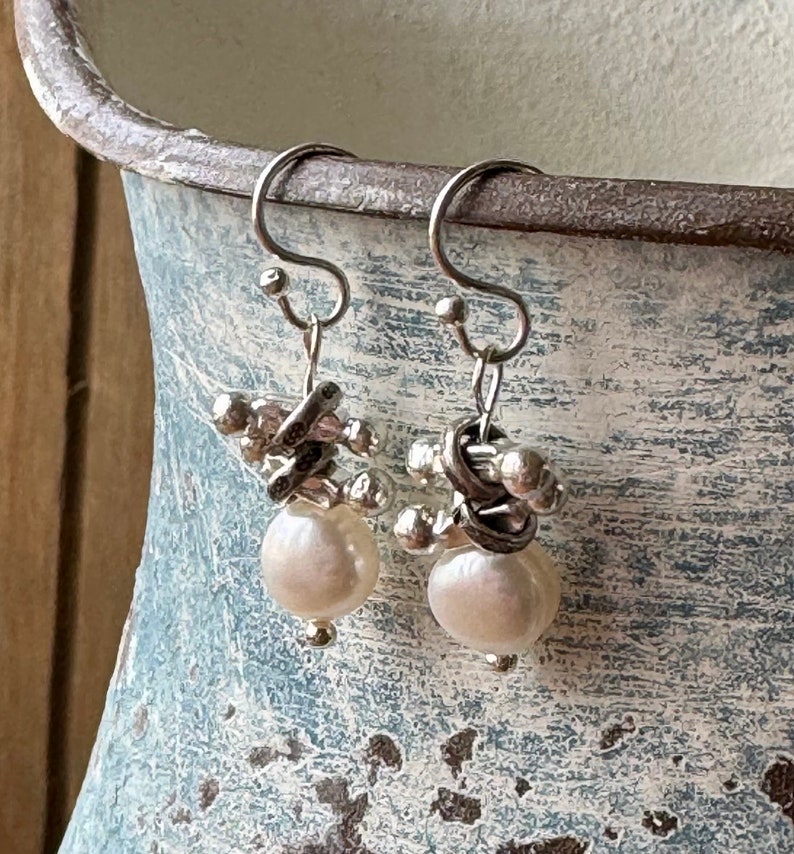 Pearl Silver Earrings, Pearl Dangle Earrings, Sundance Style Pearl Earrings, Karen Hill Tribe Silver Earrings, Pearl Silver Dangles, E36 image 7