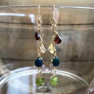 Gemstone Boho Dangle Earrings, Long Sundance Style Dangles, Hill Tribe Gold Garnet Citrine Amethyst Peridot Leverback Earrings image 1