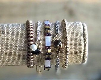 Mixed Metal 5 Bracelet Stack, Gold Superduo, Silver Sundance Style, Tila Stretch, Gold Paper Clip Bracelet, Gold Stretch Bracelet, B64