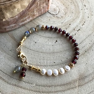 Garnet Labradorite Pearl Bracelet, Sundance Style Stacking Beaded Bracelet, Karen Hill Tribe Mixed Metals Bracelet, Gemstone Jewelry, B10