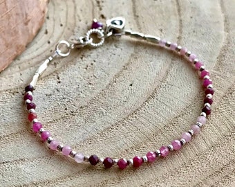 Ruby Ombre Silver Bracelet, Red Pink Minimalist Beaded Bracelet, Stacking Gemstone Tennis Bracelet, HillTribe Silver Jewelry, Gift for Her