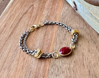 Ruby Bracelet, Mixed Metals Bracelet, Minimalist Stacking Bracelet, Sundance Style Jewelry, Silver Chain Gemstone Bracelet, Mothers Day Gift